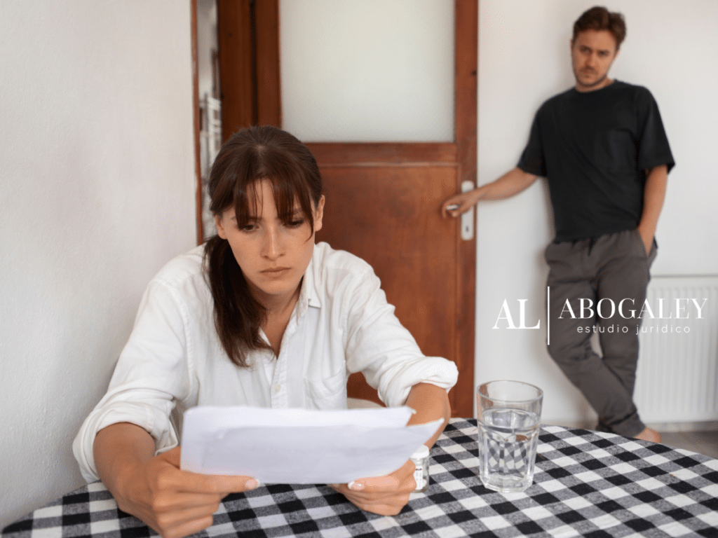 pareja de hombre y mujer. La mujer esta sentada leyendo unos documentos sobre las causales de divorcio culposo en Chile