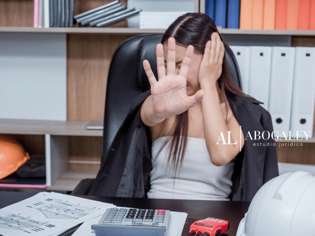 Mujer en su oficina poniendo la mano en frente y representando el Acoso sexual en Chile.