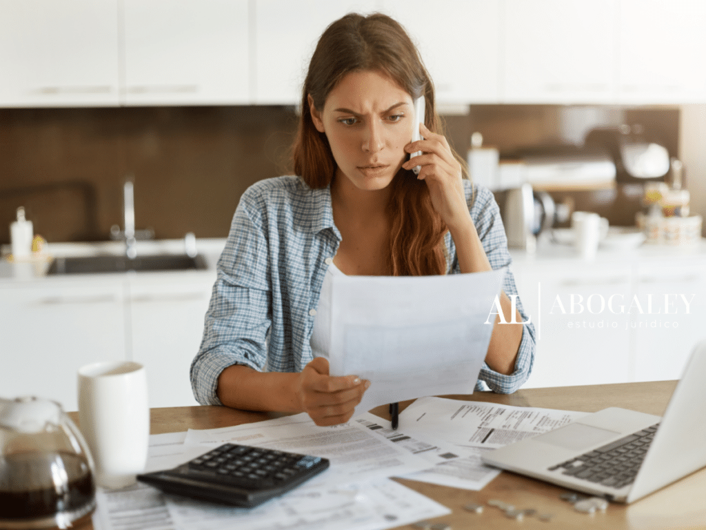 mujer frente a su computador revisando papeles de deudas bancarias